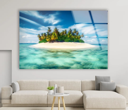 Highlighting the focal point, this tropical island wall art brings a secluded paradise view into your home decor with its captivating ocean glass print.