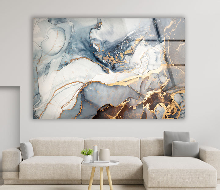 Luxury Blue & Gold Marble Wall Art – Elegant Abstract Glass Print