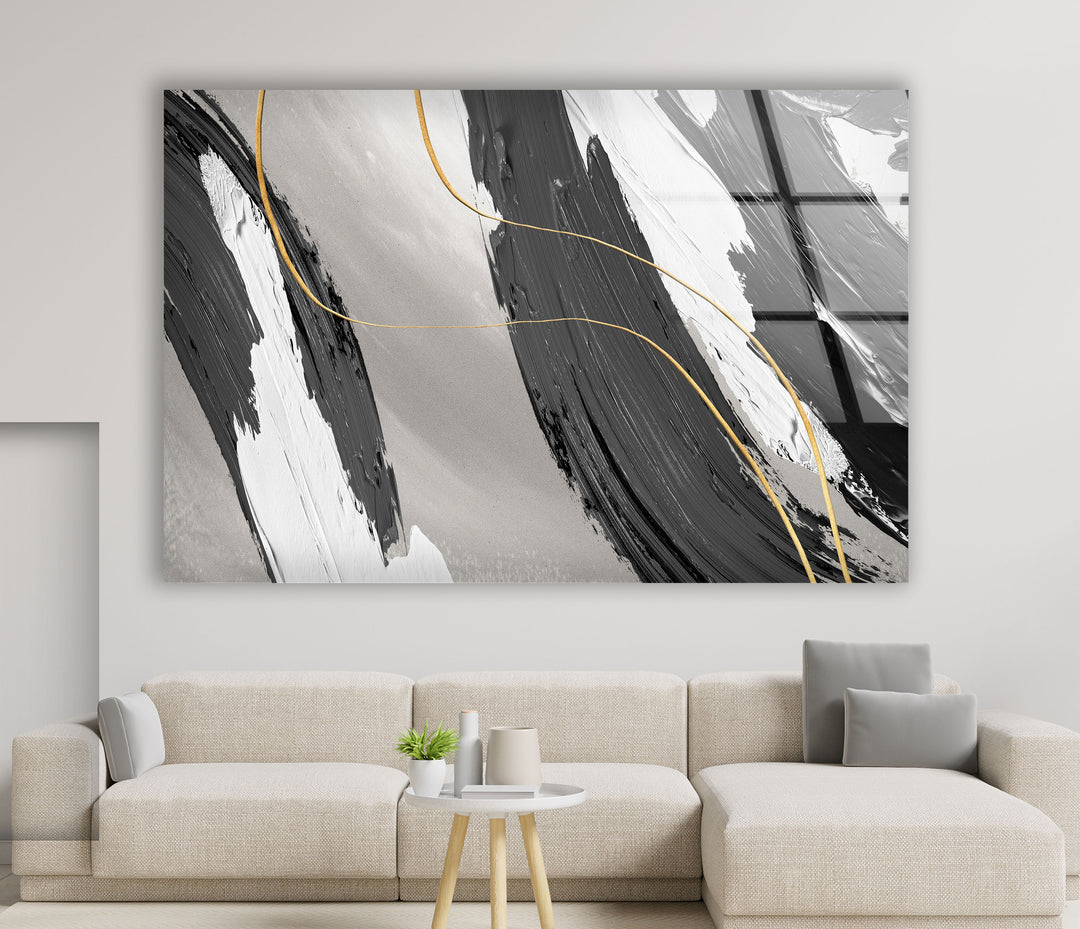 Monochrome Gold Abstract Wall Art – Glass Print for Modern Interiors