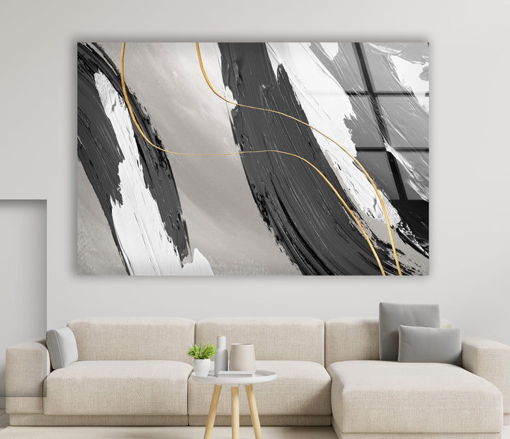 Monochrome Gold Abstract Wall Art – Glass Print for Modern Interiors