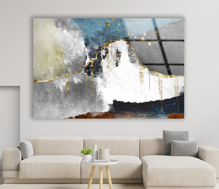 Abstract Mountain Wall Art – Blue, Gold & Neutral Glass Print Decor