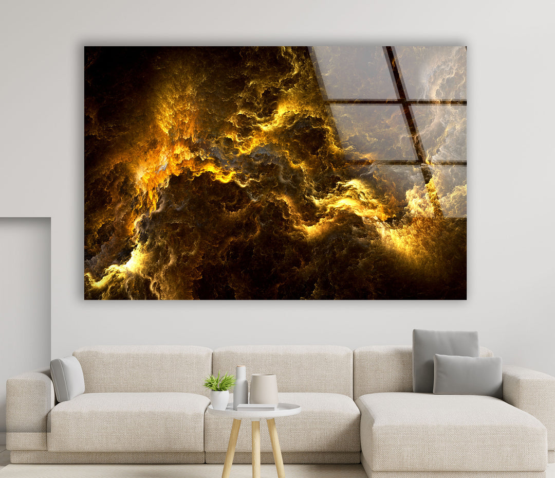 Golden Storm Nebula Wandkunst – Abstrakter kosmischer Glasdruck 