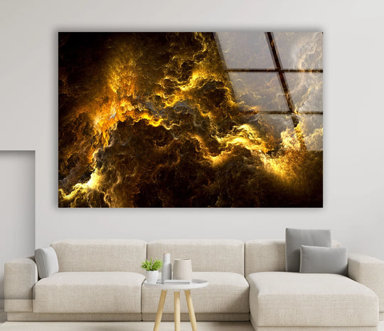 Golden storm nebula glass art showcases vibrant yellow and gold hues in a cosmic abstract design.