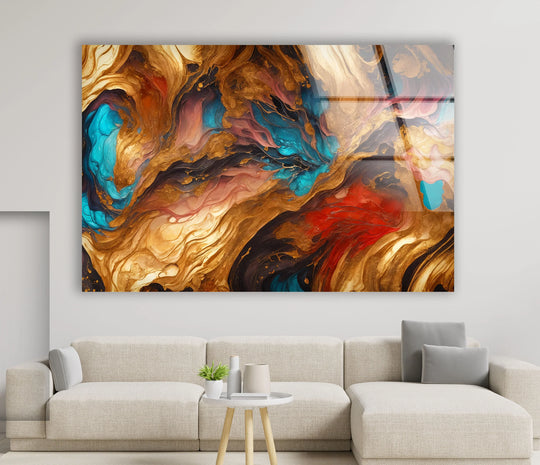 Fiery gold and teal abstract glass art painting with fluid ink swirls evoking a cosmic nebula.