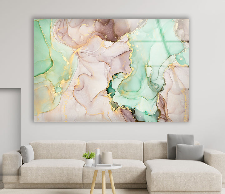 Mint & Gold Marble Wall Art – Pastel Abstract Glass Print Decor