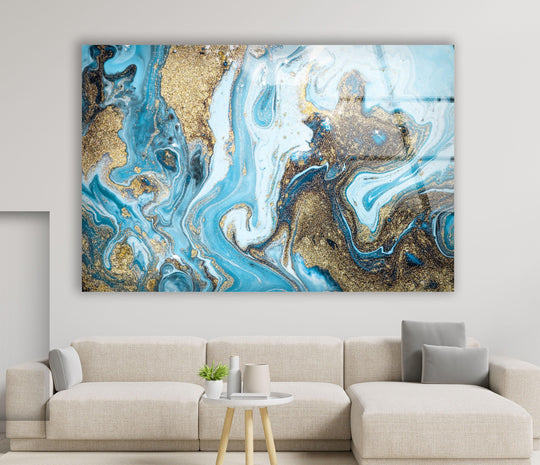 Serene turquoise and gold abstract decorative wall art evokes a luxurious and tranquil mood.