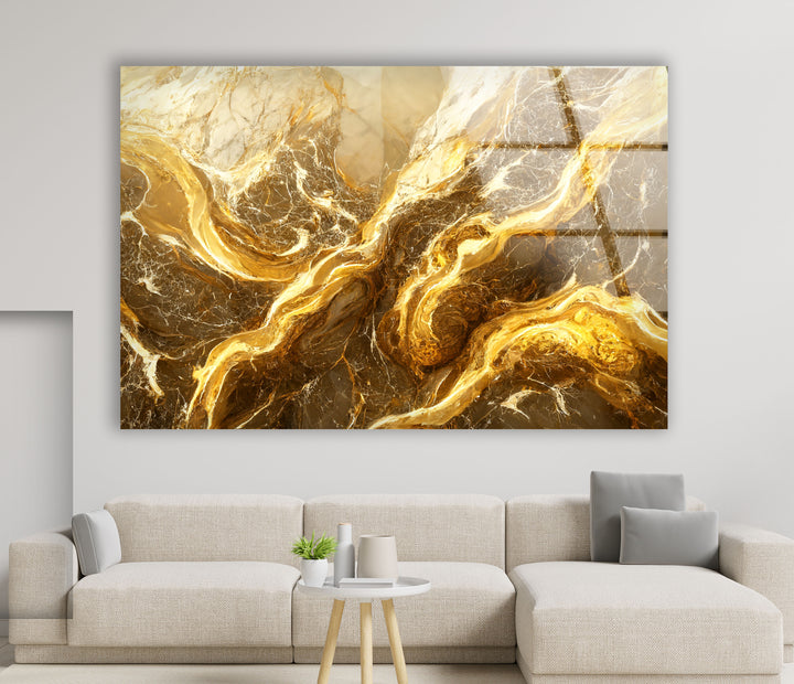 Abstrakte Wandkunst aus goldenem Marmor – Eleganter Glasdruck für Innenräume 
