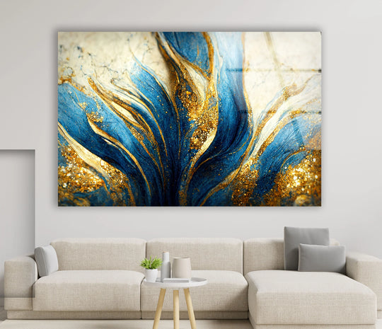 Abstract blue and gold glass print with glittering accents, the best glass art for glamorous interiors.