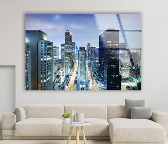 City Prints Chicago Skyline Glass Wall Art night view of downtown skyscrapers and illuminated streets bringing vibrancy into your modern space