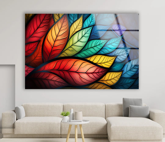 Against the neutral wall, the vibrant rainbow leaves wall art introduces a colorful and abstract focal point for modern home decor.
