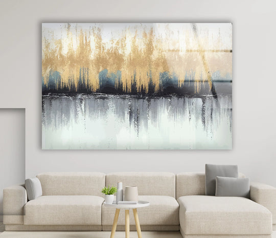 Layered abstract forest wall art on glass art painting features shimmering gold and deep gray tones creating a striking depth.