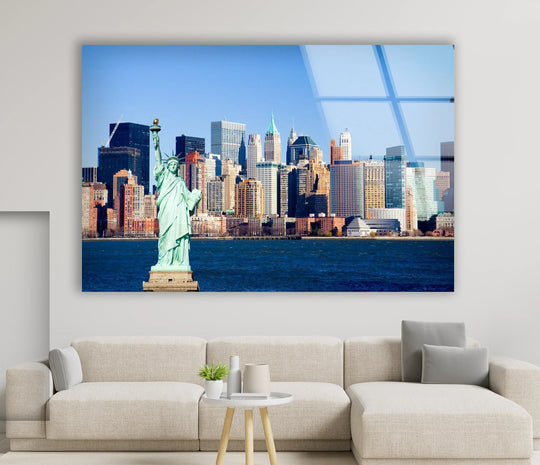 City Prints featuring the Statue of Liberty and glass wall art iconic New York skyline view plus a Manhattan landmark on display