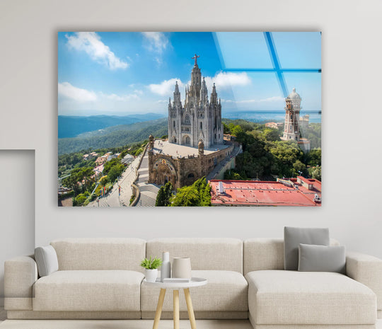 Serene mood evoked by the Tibidabo Cathedral art from glass, showcasing a majestic view of Barcelona's iconic church and mountain scenery.