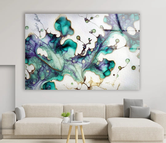 Teal and purple abstract fluid print wall art with intricate ink-like details and organic shapes.