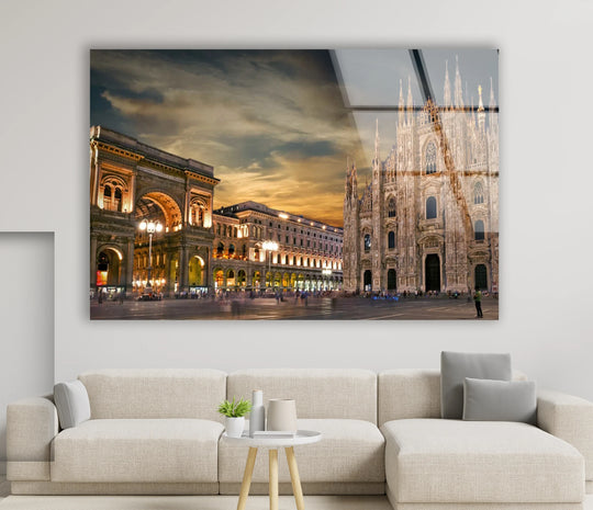 Brilliant reflection and smooth surface highlight the quality of the glass art painting in this Milan Cathedral cityscape glass wall art.
