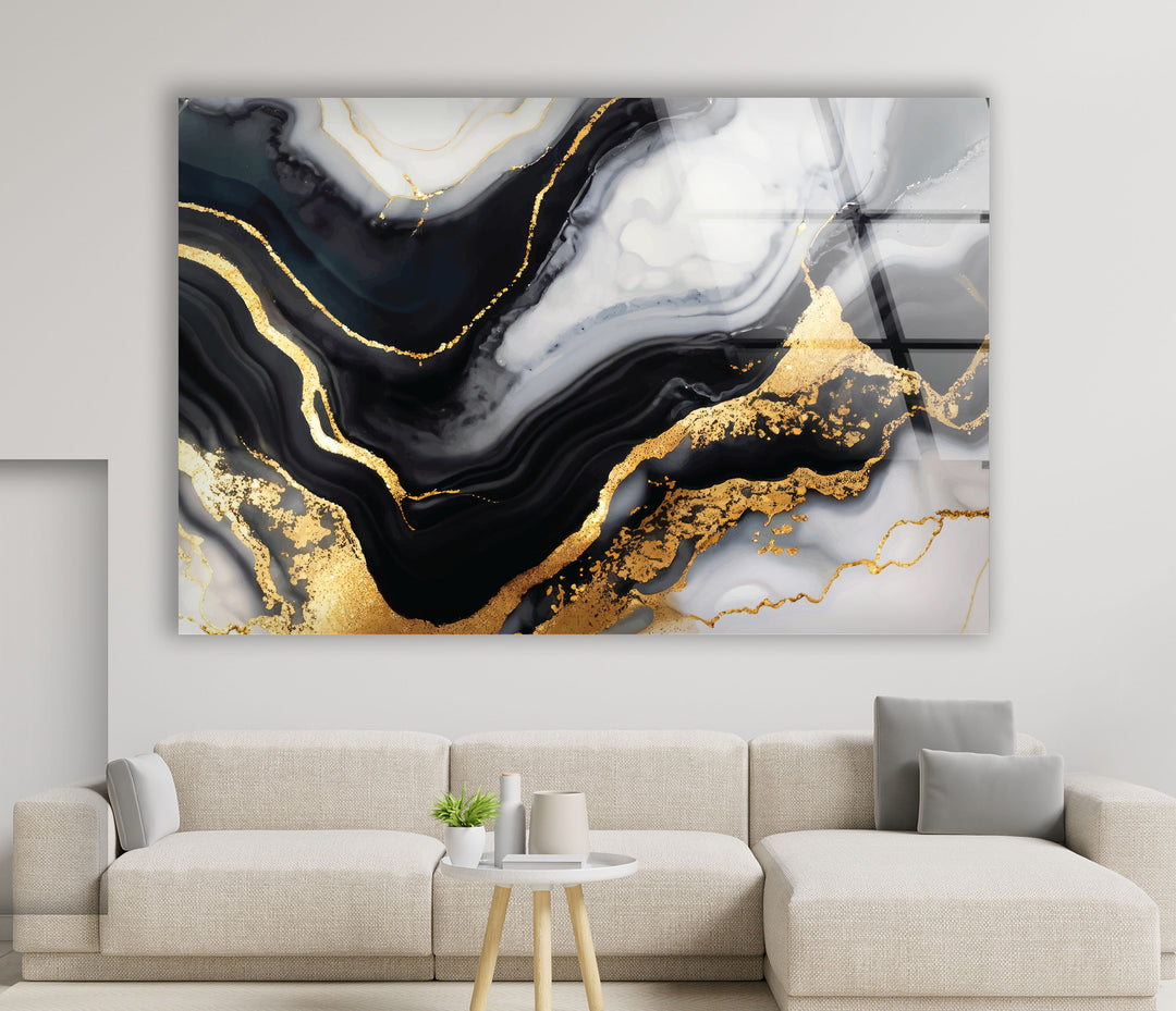 Schwarz-Gold-Marmor-Wandkunst – Luxuriöses abstraktes Glasdruck-Dekor 