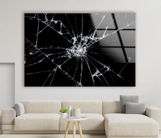 A dramatic cracked glass wall art print captures a mood of modern, abstract intensity.