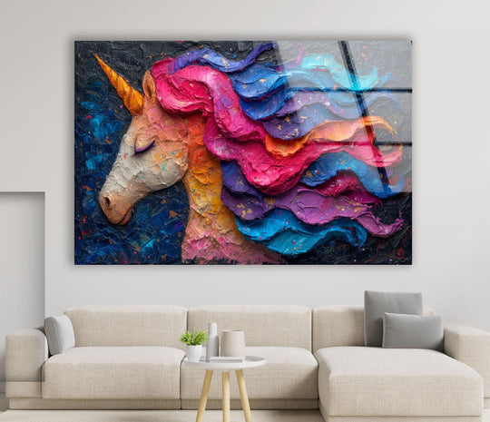 A majestic rainbow unicorn, a vibrant magical focal point for unique modern wall decor.