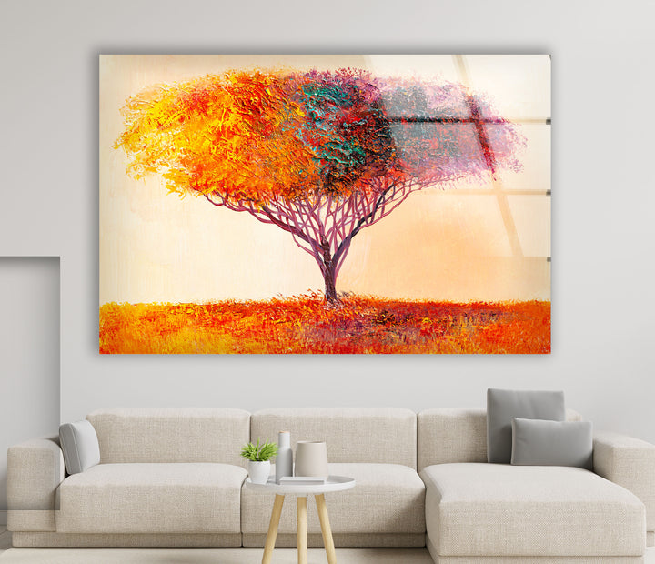 Farbenfrohe Baum-Wandkunst – Lebendiger abstrakter Naturdruck auf Glas 
