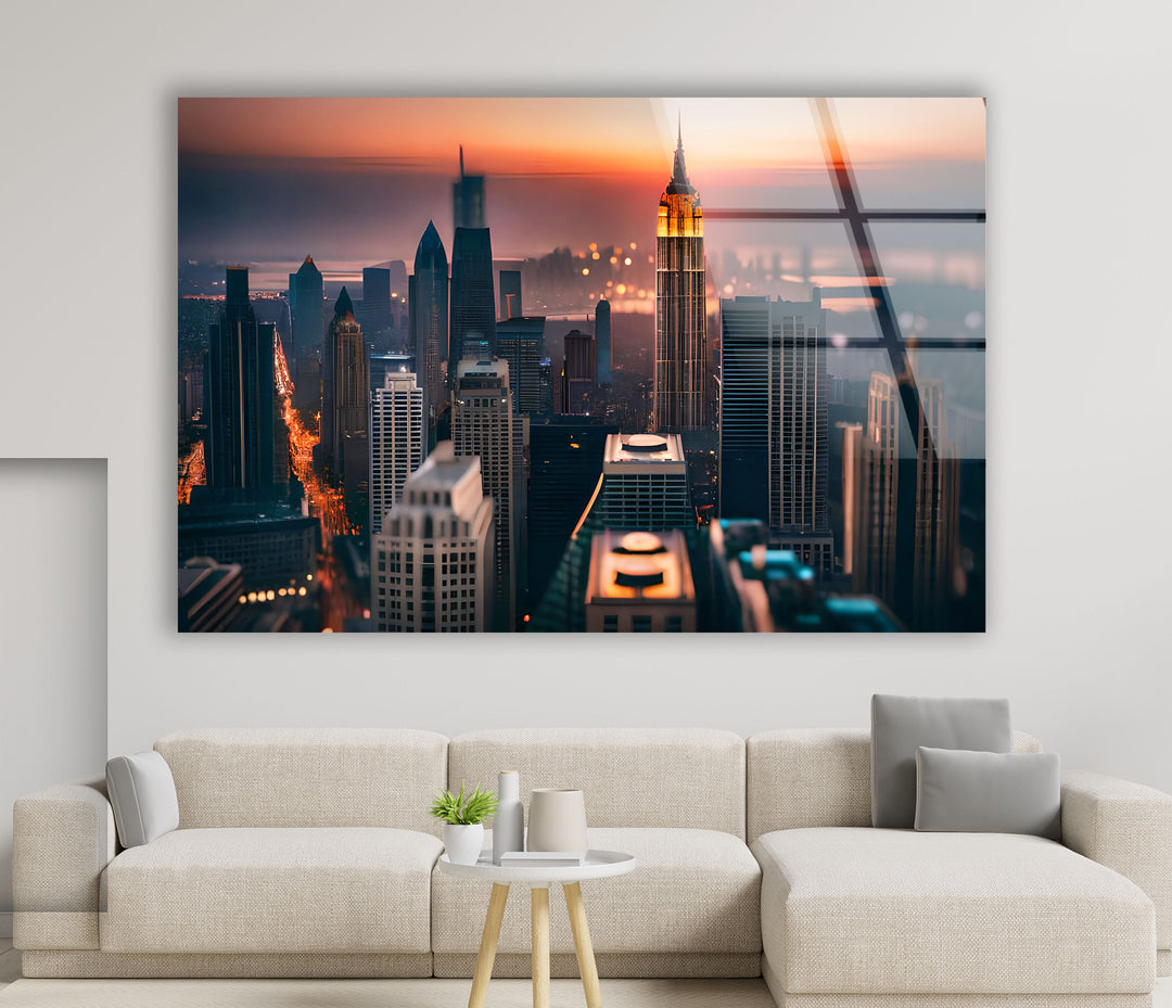 Empire State Building Wandkunst – NYC Skyline bei Sonnenuntergang Glasdruck 