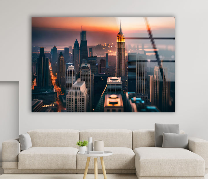 Empire State Building Wandkunst – NYC Skyline bei Sonnenuntergang Glasdruck 