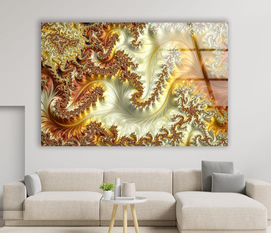 Golden fractal swirl art from glass features luminous light and deep shadows casting intricate patterns across the abstract spiral.