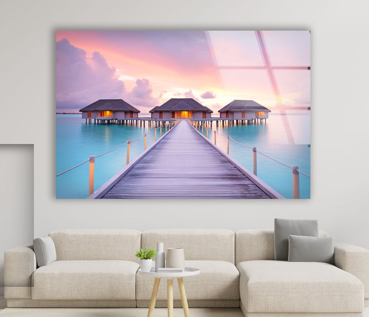 Wandkunst „Überwasserbungalows“ – Glasdruckdekor „Tropischer Sonnenuntergang“ 