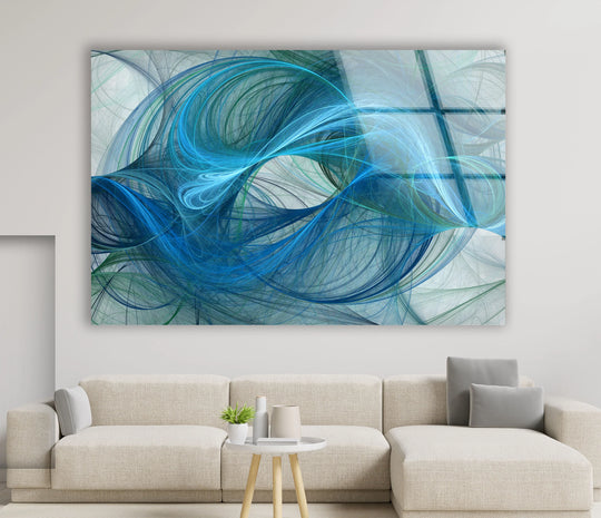 Luminous abstract glass printing with vibrant blue energy and fluid motion, showcasing quality material.