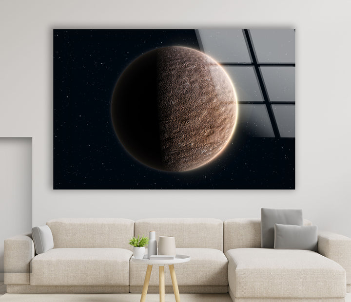 Wandkunst auf der Mondoberfläche – Minimalistischer Weltraum-Glasdruck 