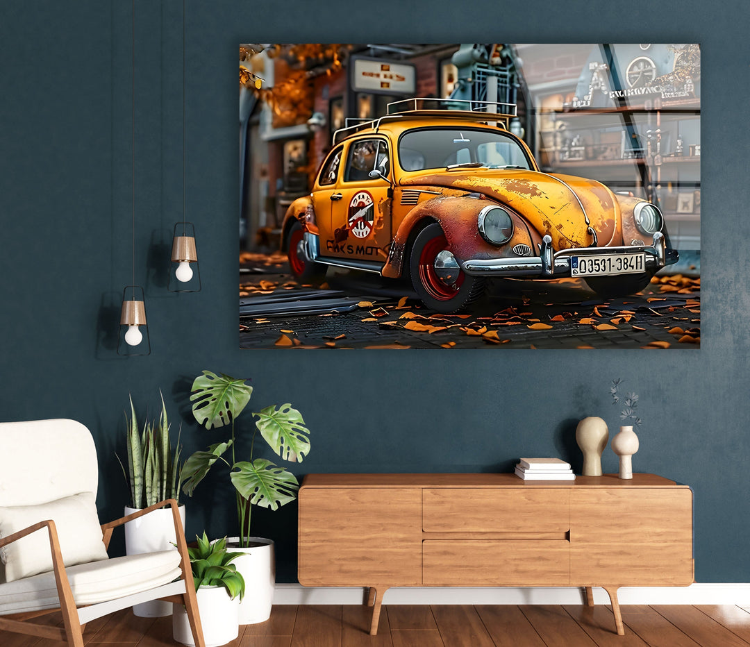 Old Volkswagen Car Glass Wall Art print picture on glass, Tempered Glass Wall Art

