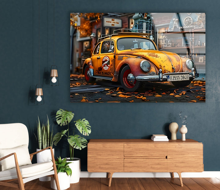 Old Volkswagen Car Glass Wall Art print picture on glass, Tempered Glass Wall Art
