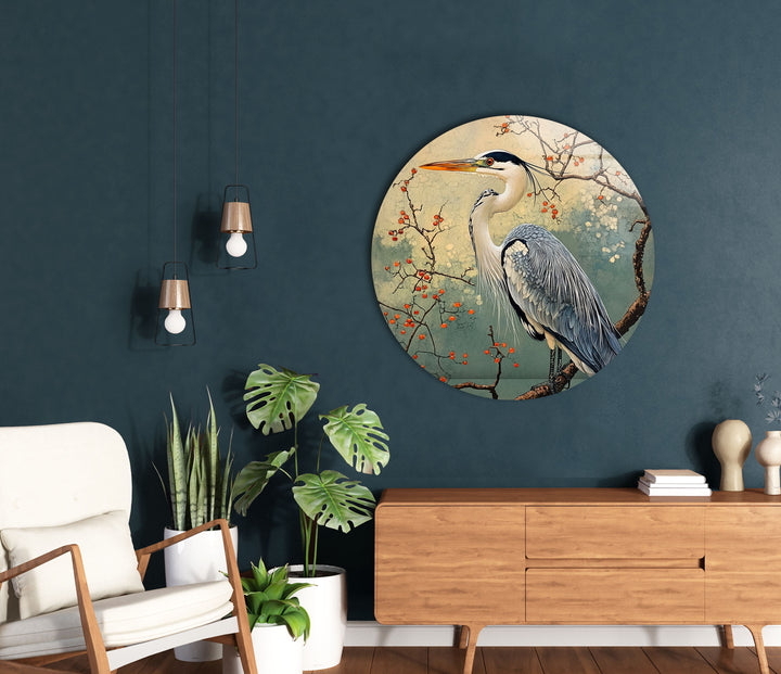 Blühende Gelassenheit – Reiher unter Blüten – Glaswandkunst