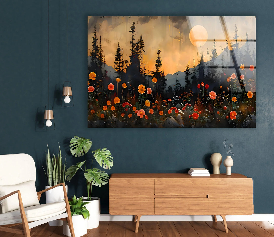 Full Moon & Flowers Glass Wall Art glass image printing, glass prints from photos
