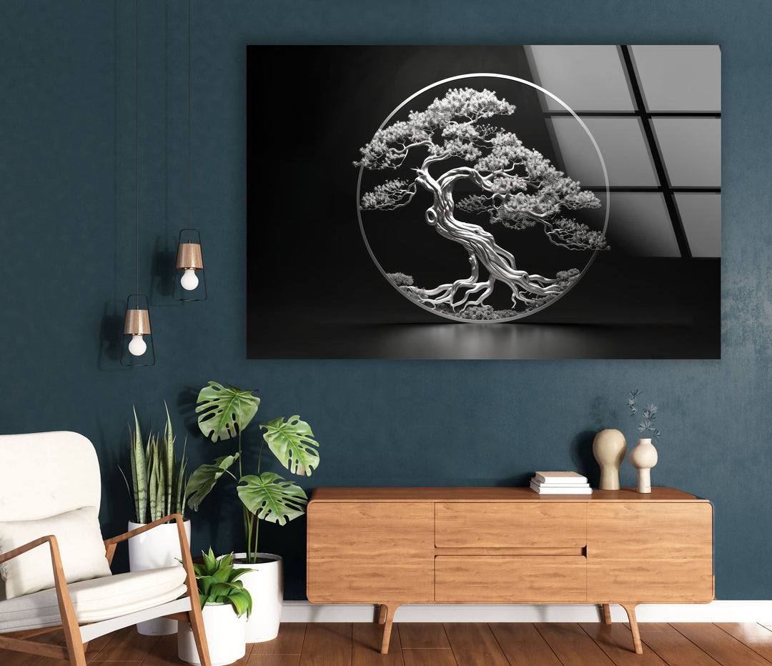 Bonsai Tree Silver Glass Wall Art photo print on glass, prints on glass wall art
