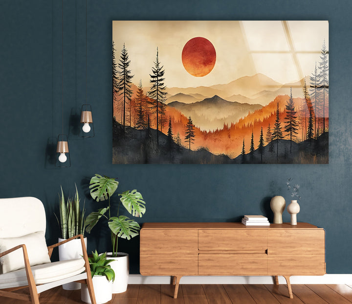 Tranquil Forest Sunset – A High-Definition Glass Wall Art for Nature Lovers
