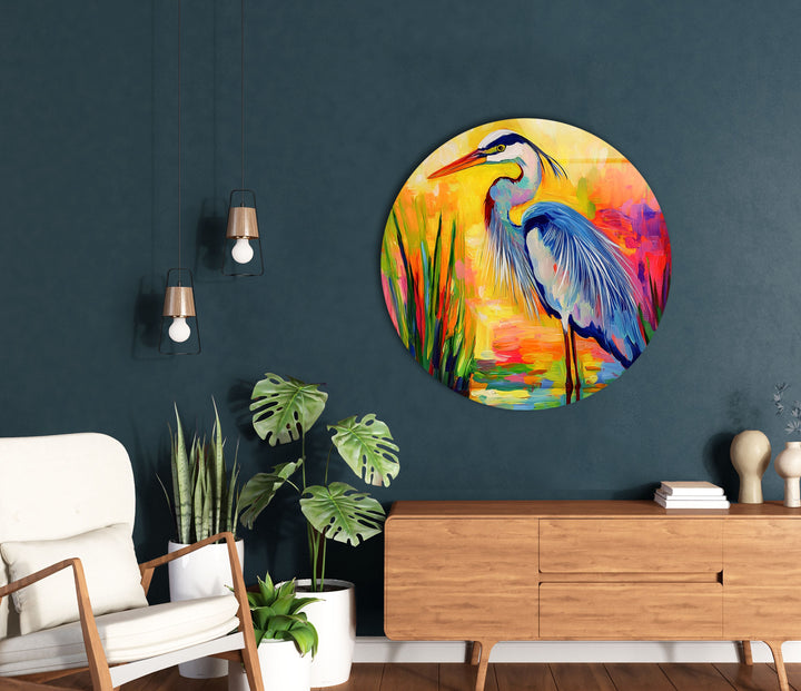 Lebendiger Reiher – Abstrakte Farbspritzer-Glaswandkunst