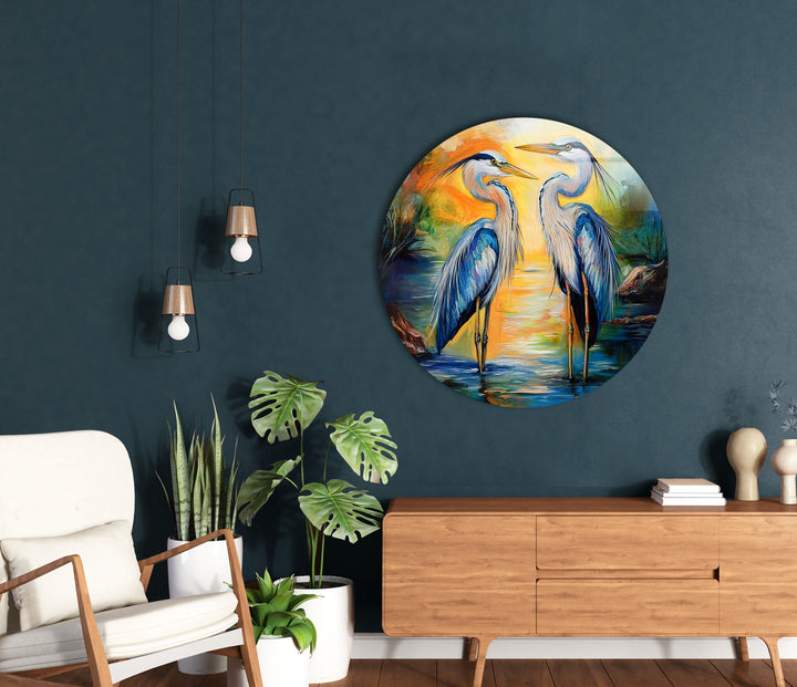 Sonnenuntergangsserenade – Romantisches Reiherpaar-Wandbild aus Glas