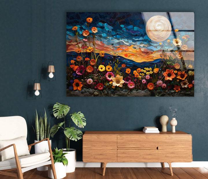 Oil Art Night Sunset & Flowers Glass Wall Art stained glass wall art, stained glass wall decor
