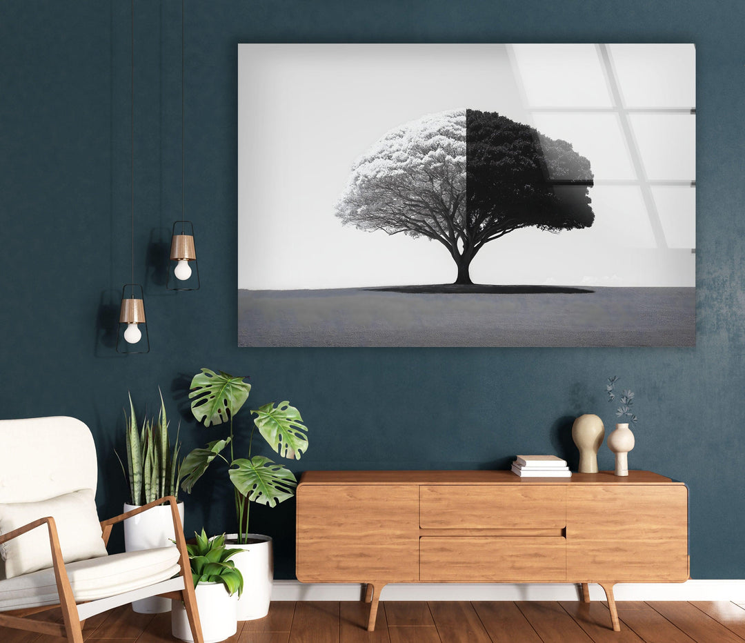 Black and White Tree Glass Wall Art picture on glass wall art, photos printed on glass
