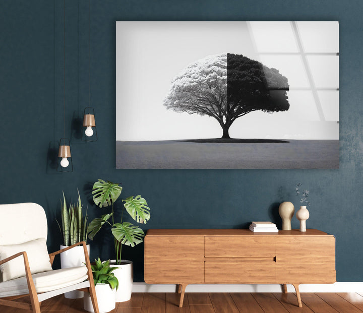 Black and White Tree Glass Wall Art picture on glass wall art, photos printed on glass
