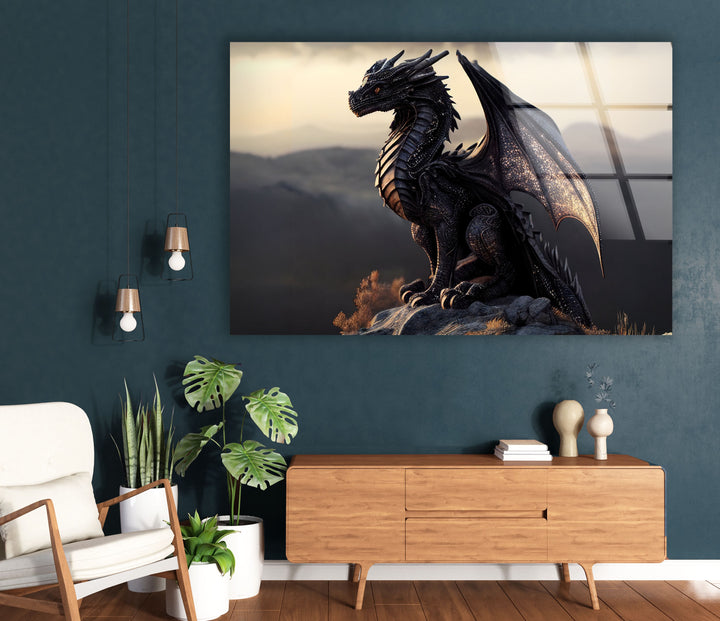 Fierce yet elegant dragon basking in a tranquil, breathtaking landscape.
