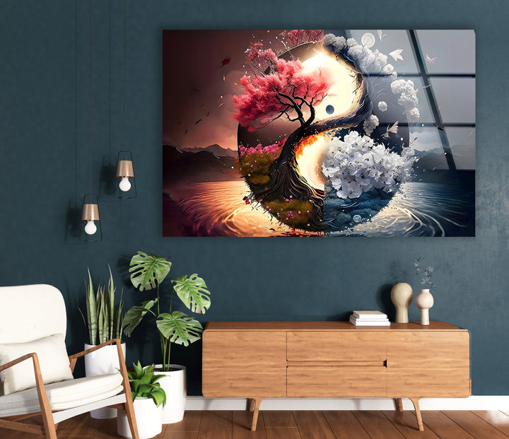 Yin Yang Flower Tree Glass Wall Art glass wall decor, glass wall art decor
