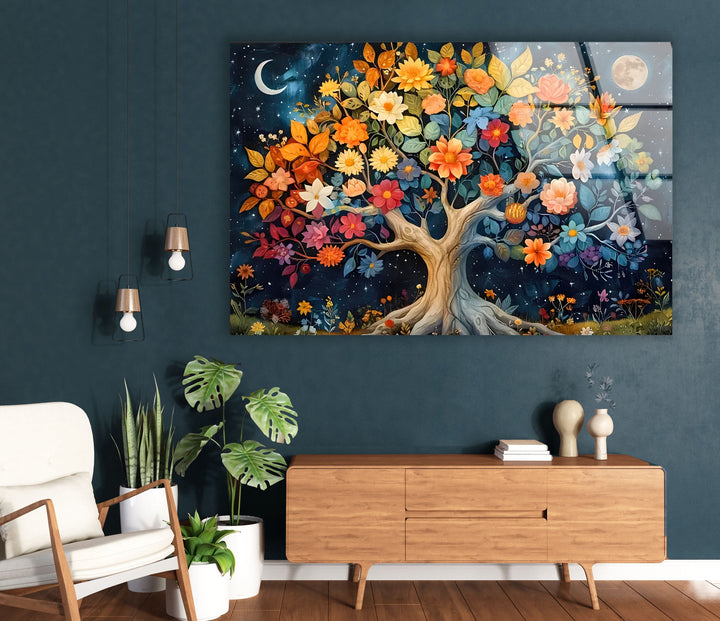 Colored Flower Tree Night Glass Wall Art glass pictures for Wall, glass prints wall art
