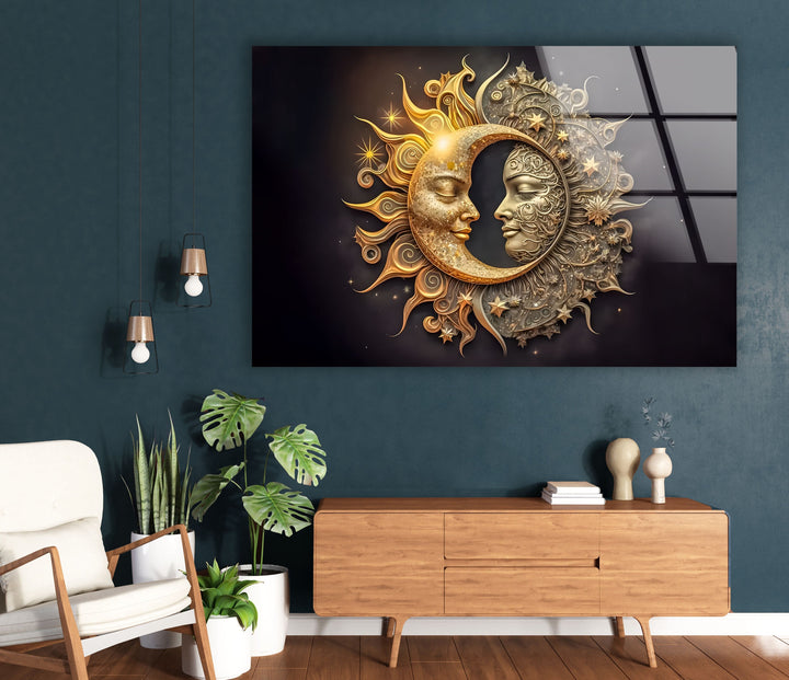 Sun With Moon Like Gothic Mode Glass Wall Art picture on glass wall art, photos printed on glass
