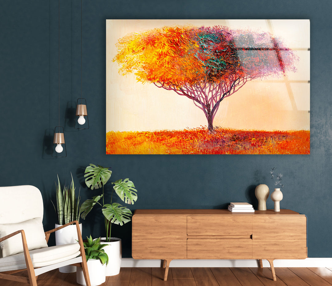 Farbenfrohe Baum-Wandkunst – Lebendiger abstrakter Naturdruck auf Glas 
