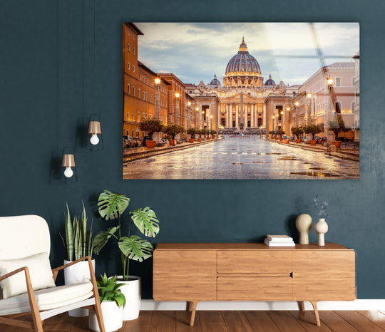 The visual rhythm of this Vatican City glass wall art captures a majestic view of St. Peter's Basilica at dusk, bringing classic home decoration to life.