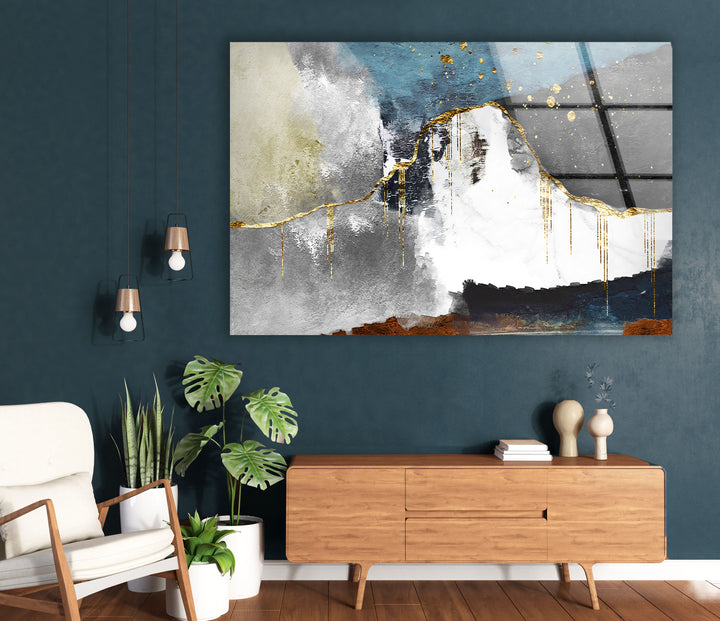 Abstract Mountain Wall Art – Blue, Gold & Neutral Glass Print Decor