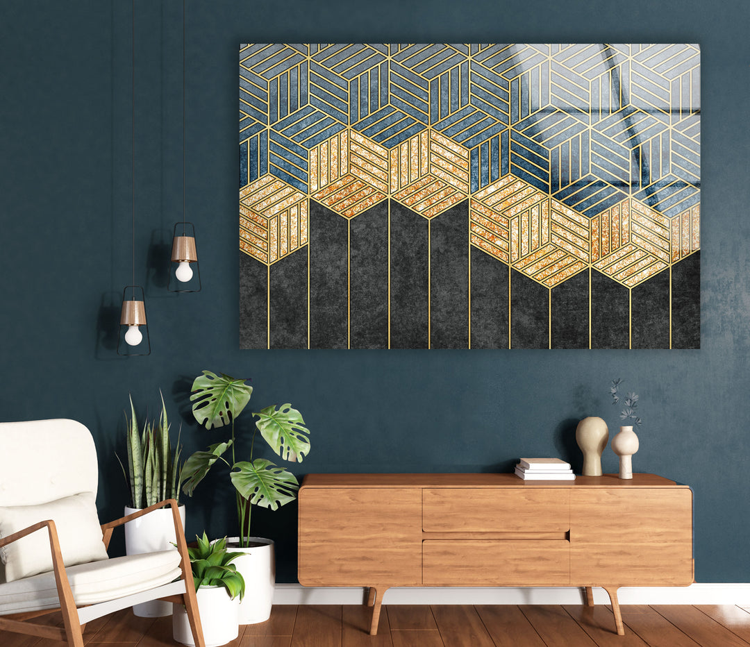 Goldene geometrische Wandkunst – Moderner Glasdruck mit Blau- und Schwarztönen 