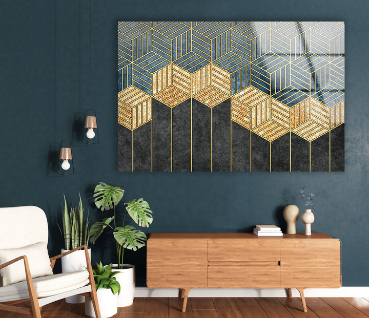 Goldene geometrische Wandkunst – Moderner Glasdruck mit Blau- und Schwarztönen 