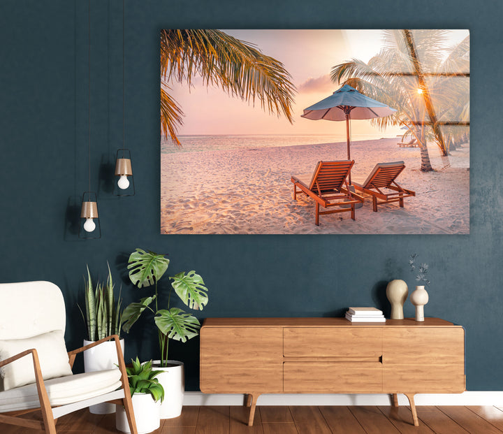 Tropical Beach Sunset Wall Art – Relaxing Seaside Glass Print